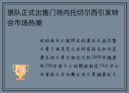 狼队正式出售门将内托切尔西引发转会市场热潮